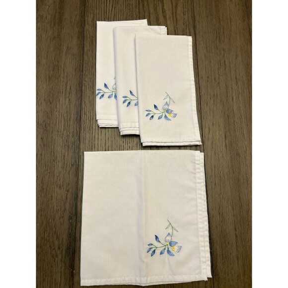 Vintage White Cotton Embroidered Floral Napkins Set Of 6 - Picture 1 of 5